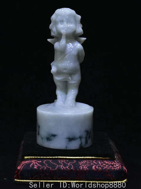 5.2" ancient Chinese natural emerald jade carving cherub angelet statue
