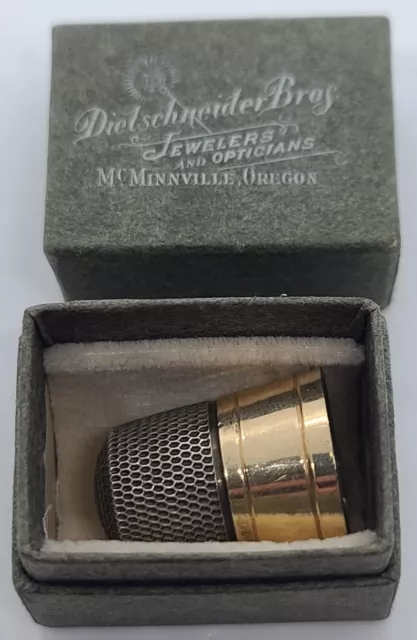 Antique Gold Band Sterling Silver Sewing Thimble w/Box - Dielschneider Bros. OR.