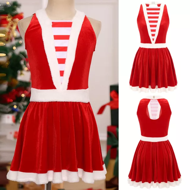 Womens Santa Velvet Festival Christmas Dance Dress Sleeveless Holiday Contrast