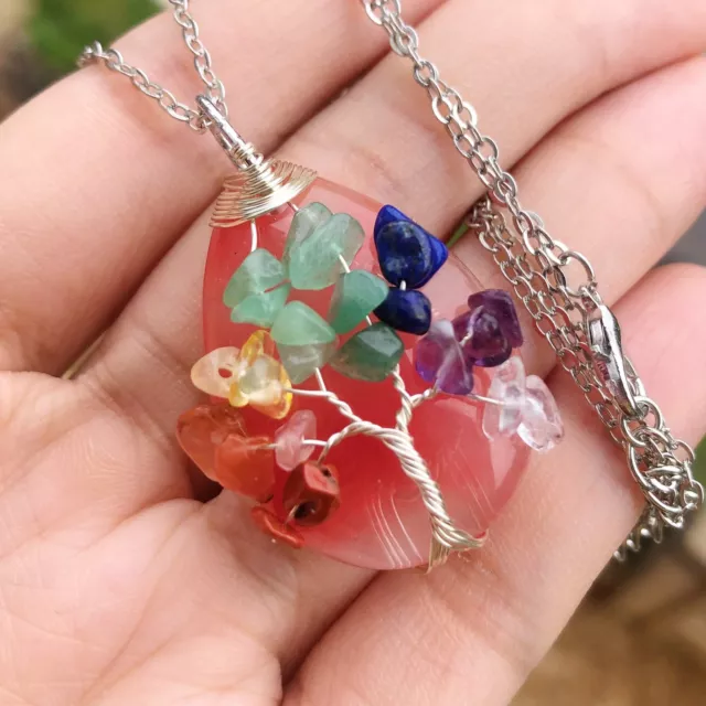 Cheery Quartz Stone Tree Of Life Water-Drop Necklace Chakra Reiki Healing Amulet