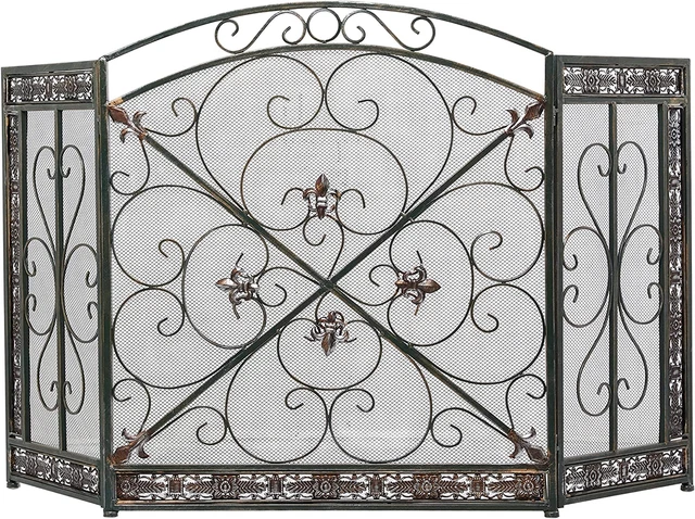 Metal Foldable Mesh Netting 3 Panel Fireplace Screen with Fleur De Lis and Scrol