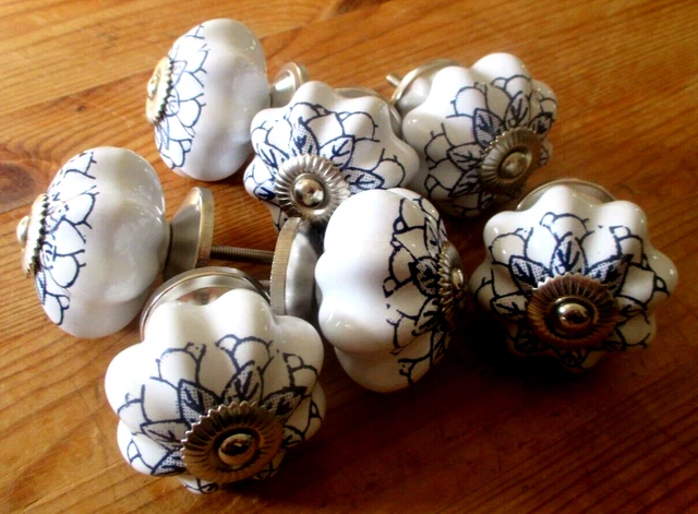 Ensemble Lot de 6 Bouton de Meuble Porcelaine blanc bleu Poignée Porte argenté
