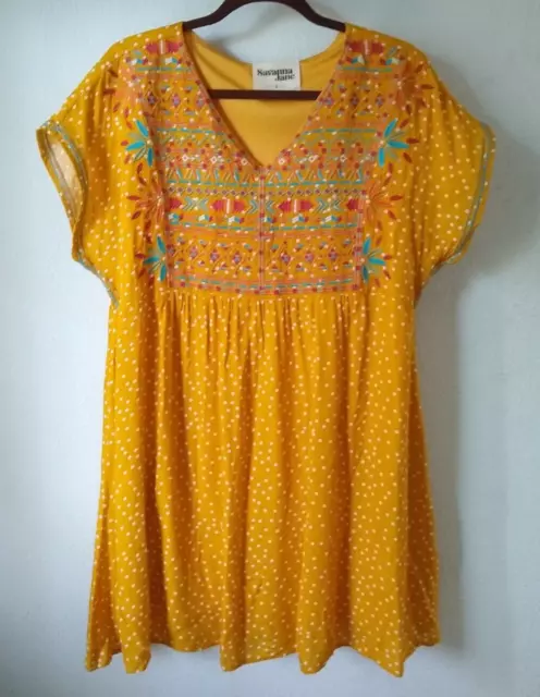 Savanna Jane Womens Blouse Tunic Dress Large Yellow Embroidered Design Boho Chic