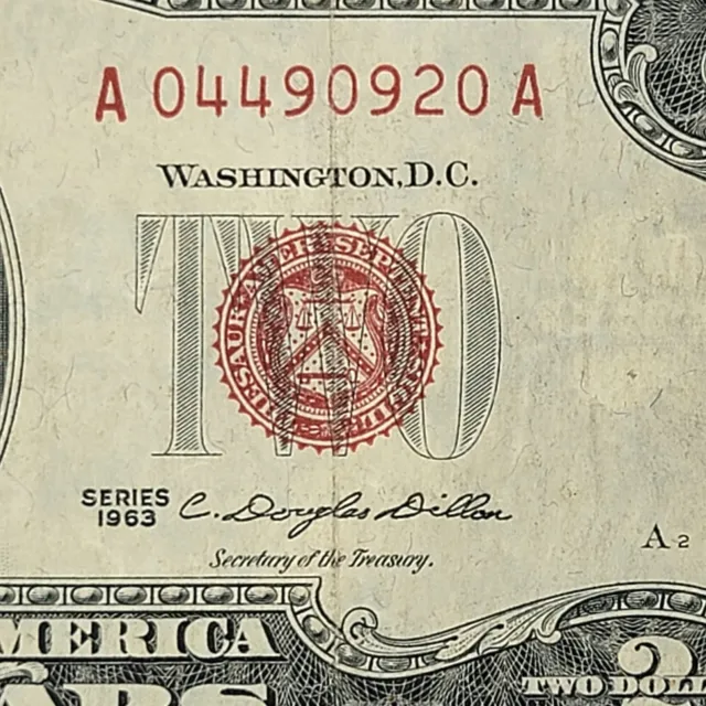 Red Seal United States Note Two Dollar Bill A04490920A DC 1963 AA Block Run 1