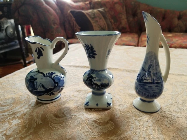 Three Vintage Hand Painted Holland Delft Pottery Miniature Vases