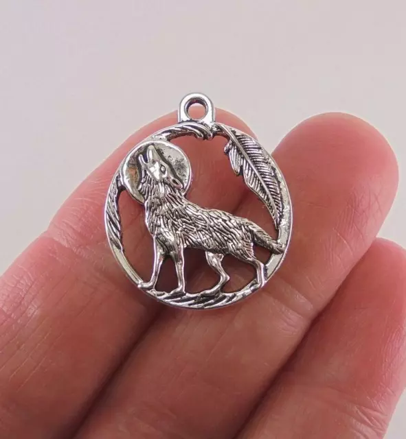 925 Sterling silver 20" necklace charm WOLF HOWLING MOON FEATHER  pendant women