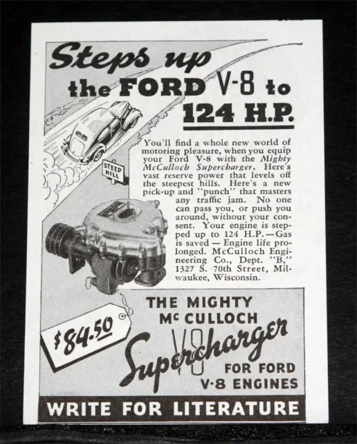1937 OLD MAGAZINE PRINT AD, MIGHTY McCULLOCH SUPERCHARGER, FOR FORD V-8 ENGINES!