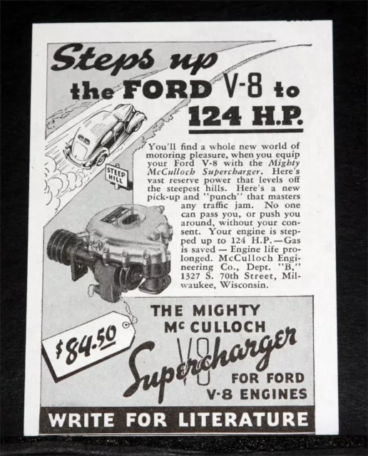 1937 OLD MAGAZINE PRINT AD, MIGHTY McCULLOCH SUPERCHARGER, FOR FORD V-8 ENGINES! 1937 OLD MAGAZINE PRINT AD, MIGHTY McCULLOCH SUPERCHARGER, FOR FORD V-8 ENGINES!