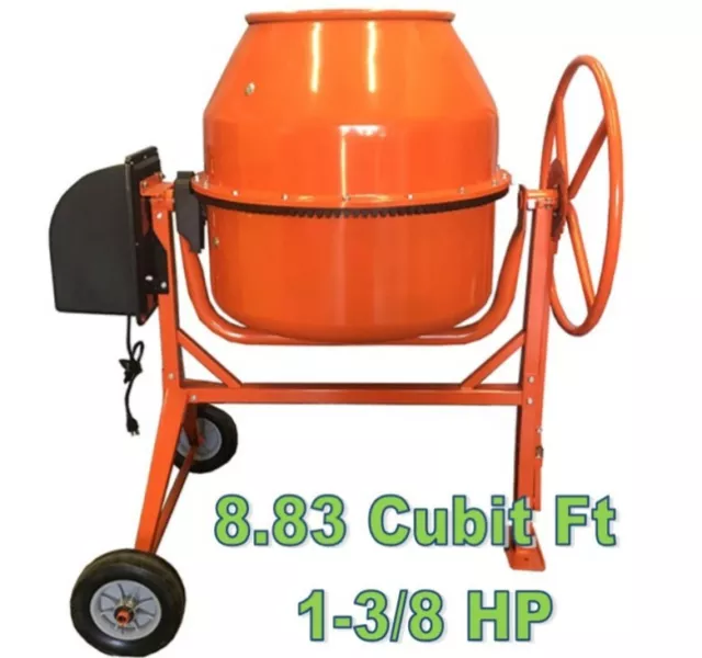 8.83 Cubic Feet Electric Cement Concrete Stucco Mortar Mixer Heavy Duty 1 3/8 HP 2