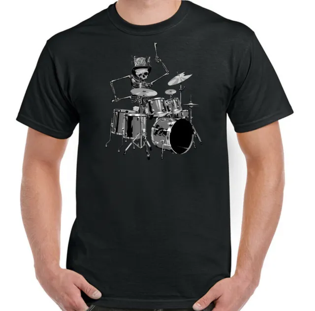 Drummer T-Shirt Mens Funny Skeleton Drumming Skull Sticks Drum Rock Band Kit Top