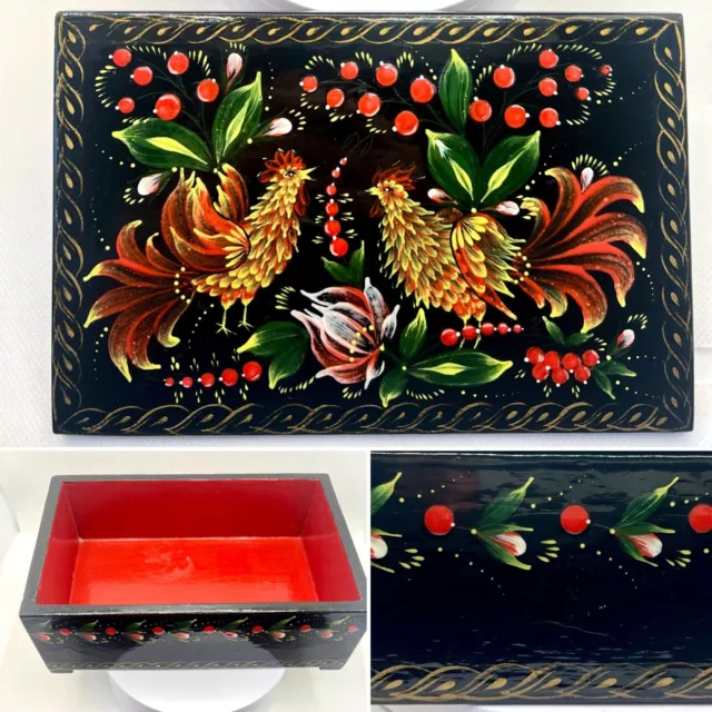 Unique Black Lacquered Vintage Hand Painted Floral Colourful Jewellery Box