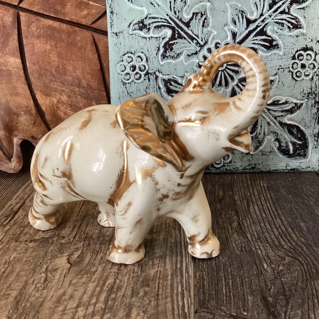 VINTAGE WHITE ELEPHANT Trunk Up Figurine Japan Porcelain With 22kt Gold