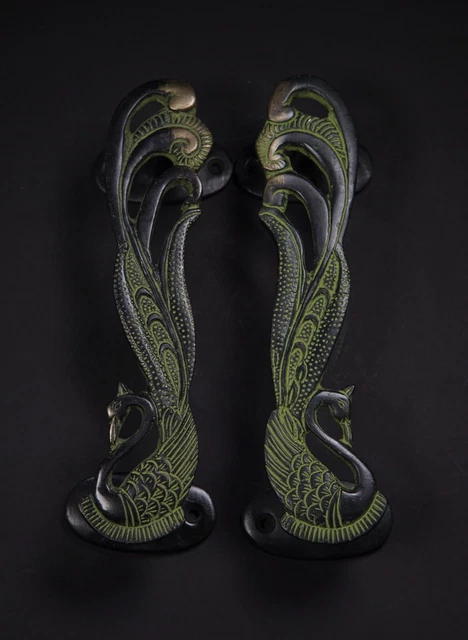 Vintage Bird Door Handle Pair Peacock Feather Unique Gate Drawer Cabinet Knobs