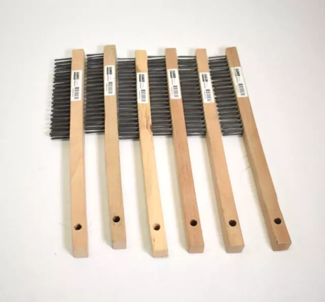 Radnor 6" Carbon Steel Scratch Brush w Curved Wood Handle & 3 x 19 Rows 6 Pack