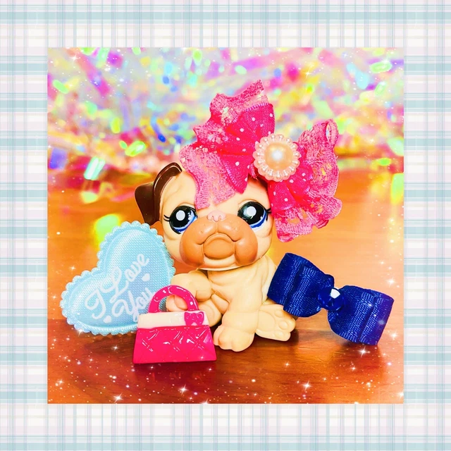 ❤️Authentic Littlest Pet Shop #1765 Tan Brown Ear Bulldog Puppy Dog Blue Eyes❤️