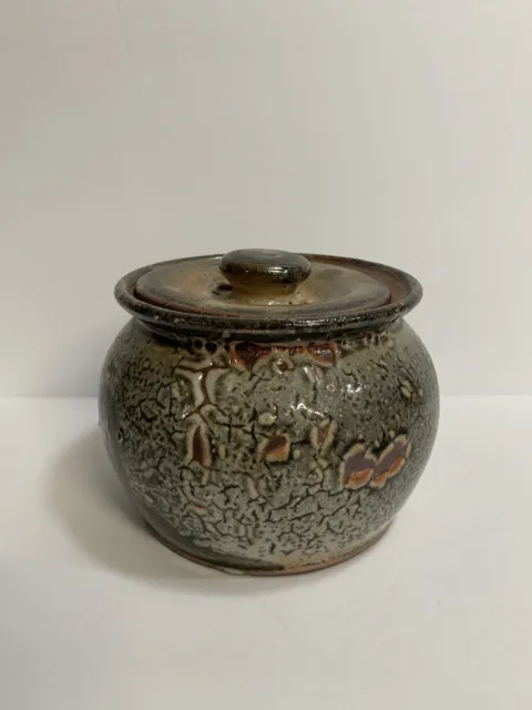 Hand Crafted Studio Art Pottery Small Jar with Lid Green 5” X 3.75 Marked NLP