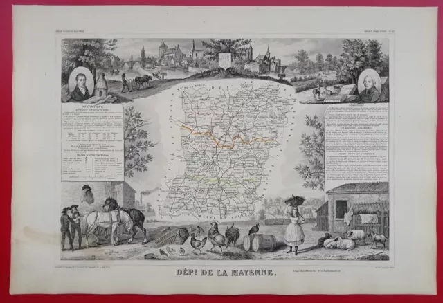 Grande Carte France 1849 ATLAS LEVASSEUR Ed Combette Département la MAYENNE 53