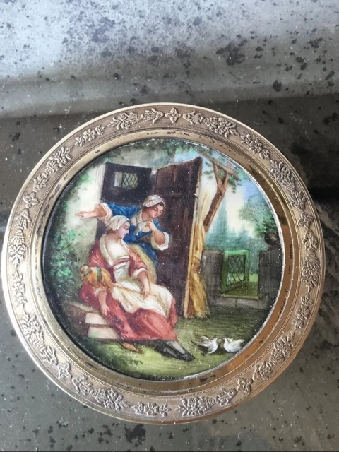 Antique French Sterling Silver Vermeil Guilloche Box Miniature Painting 19th C