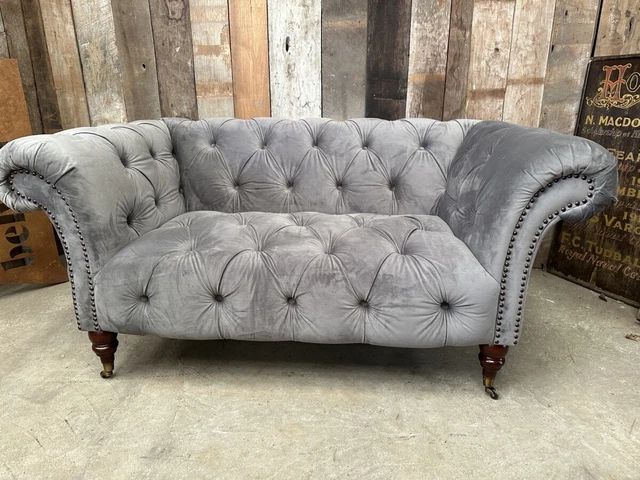 Belvoir Interiors//Crushed Velvet Two Seater Chesterfield Sofa Grey