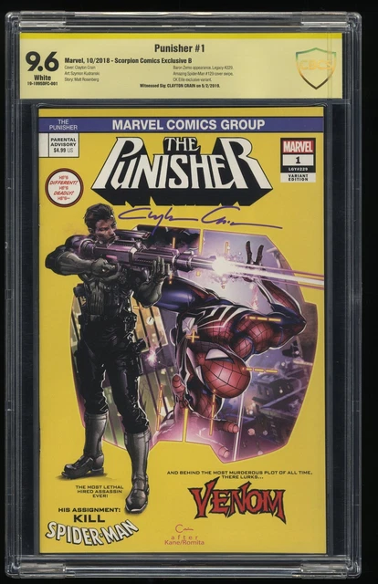 Punisher #1 CBCS NM+ 9.6 Signed SS Clayton Crain Scorpion Comics B Variant