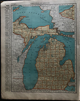 1938 Collier's World Atlas & Gazetteer - 11 x 14 Map of Michigan & Massachusetts