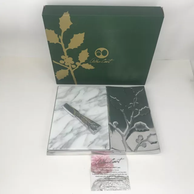 Arthur Court Holly Marble Cheese Board Aluminum Bread Tray Set w/ Knife And Box