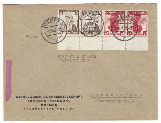 Deutsches Reich 1941/42 MHB 56 aus Bogen Firmenbrief als Warenprobe Bremen 1936