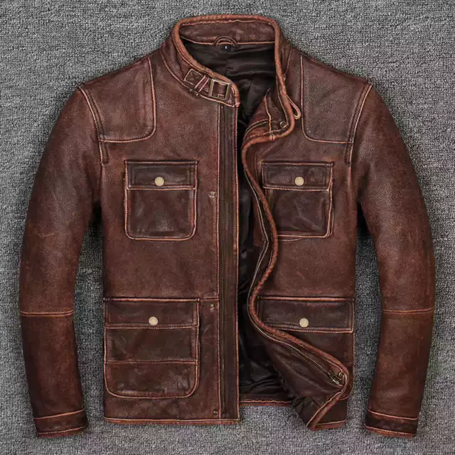 Mens Biker Cafe Racer Vintage Motorcycle Distressed Brown Cowhide Leather Jacket