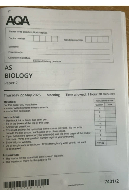 AQA A LEVEL 2025 BIOLOGY Paper 2 AS £11.11 - PicClick UK