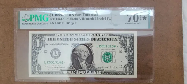 Fr 1916-L* 1988 A 1 Dollar Star Note Pmg Graded 70 Epq Star