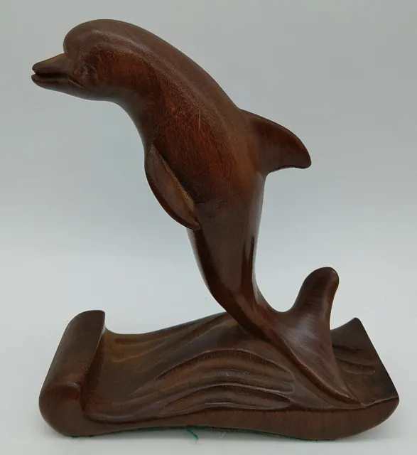 Hand Carved Wood Carving Swimming Dolphin Jumping from Waves 6" Sculpture Figure