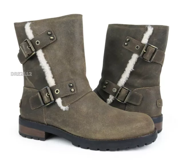UGG NIELS II Black Leather Fur Boots Womens Size 8.5 NEW 93.78