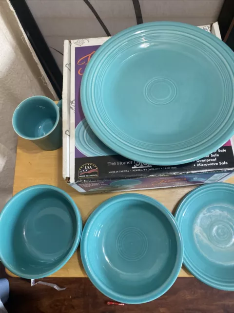 Homer Laughlin Fiesta Ware Turquoise 5 Piece Setting Retired USA Dish Set W/box