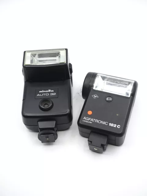 Minolta Auto 32 & Agfatronic 182 C Flashes - FOR PARTS, SOME BATTERY CORROSION