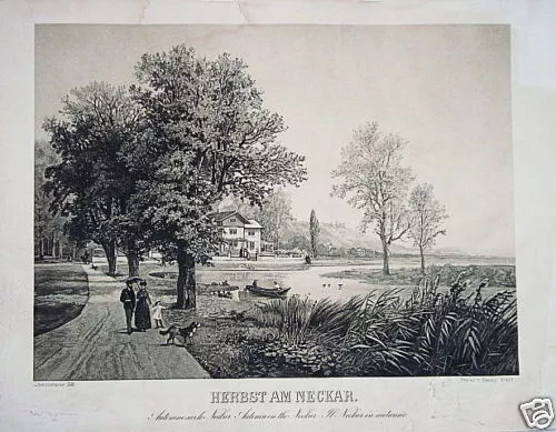 Herbst am Neckar Heidelberg Schloß echte alte  Lithographie 1850