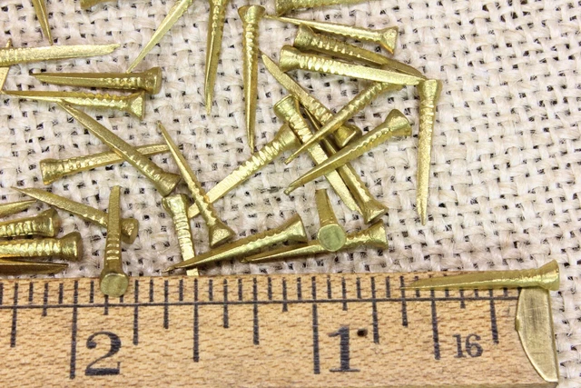 5/8” Old Brass Nails 50 Square Shoe Tacks Round Head Escutcheon Pins Vintage 3