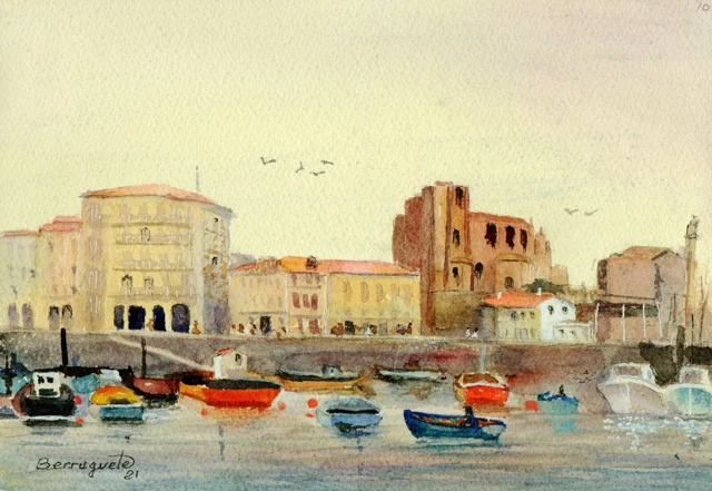 ACUARELA ORIGINAL DE BERRUGUETE, LA IGLESIA DE STA. MARIA, WATERCOLOUR Aquarelle