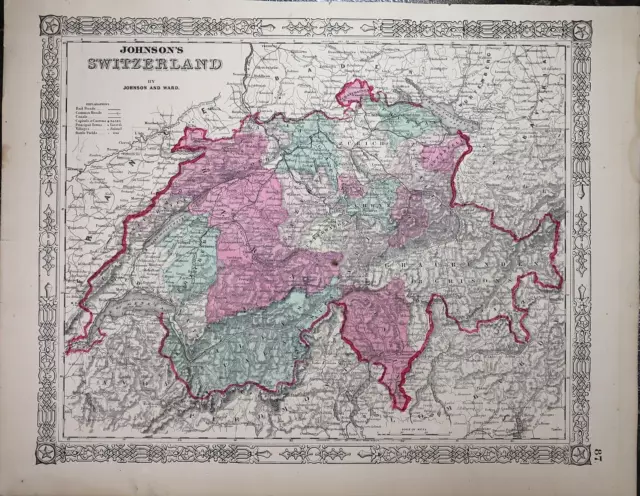 1864 Johnson's Atlas Map ~ SWITZERLAND ~(14x18)   Free S&H  -#866