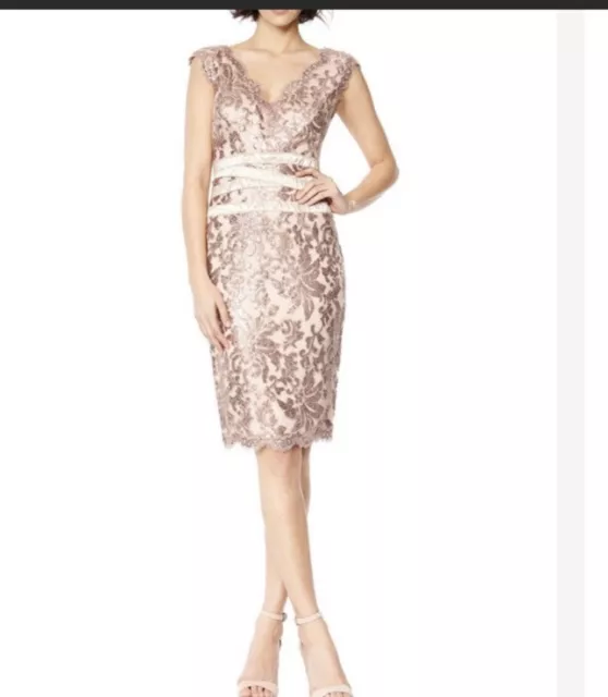 Tadashi Shoji Embroidered Peach Cream Lace Sheath V Neck Dress Size 6 Wedding