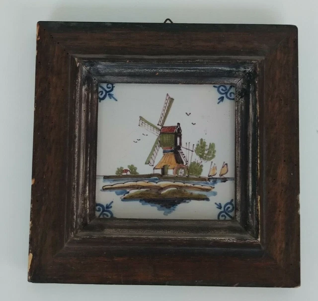 Antique Holland Delft Makkum Dutch Windmill Hand Painted Polychrome Tile Plaque