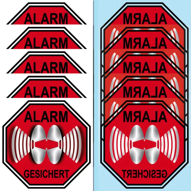 5 Sets Aufkleber 7cm rot Sticker Alarm gesichert gespiegelt für Fenster Tür Glas