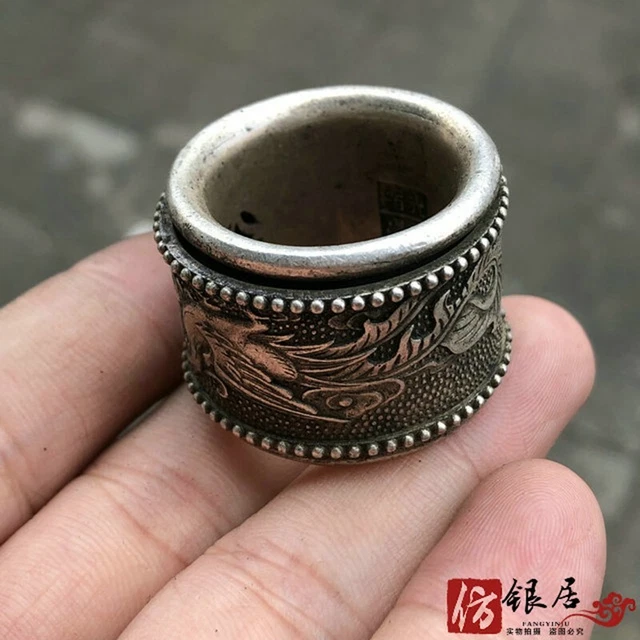 Old Chinese tibet silver handcarved   Dragon phoenix Pull finge Ring statue 5901 2