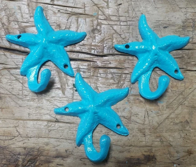 3 Cast Iron Antique Style Nautical STARFISH Coat Hooks Hat Hook Rack Towel