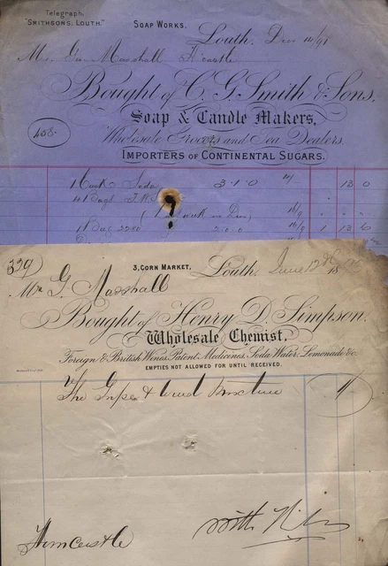 1891 & 95 LOUTH - Lincolnshire, Two Billheads CHEMIST & SOAP & CANDLE MAKERS