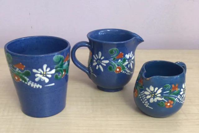 Set Of 3 Vintage Switzerland hand painted Pitchers And Cup floral design 1940’s