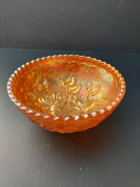 Marigold Lustre Carnival Glass Rose Pattern Bowl