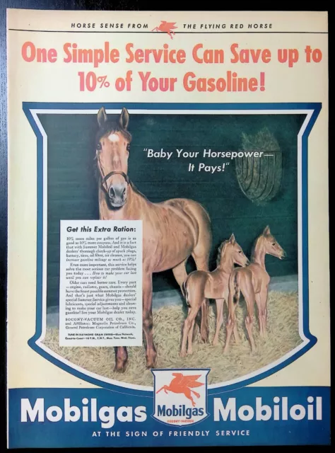 Print Ad 1940's Mobilgas Horsepower Mobiloil Mare two Foals