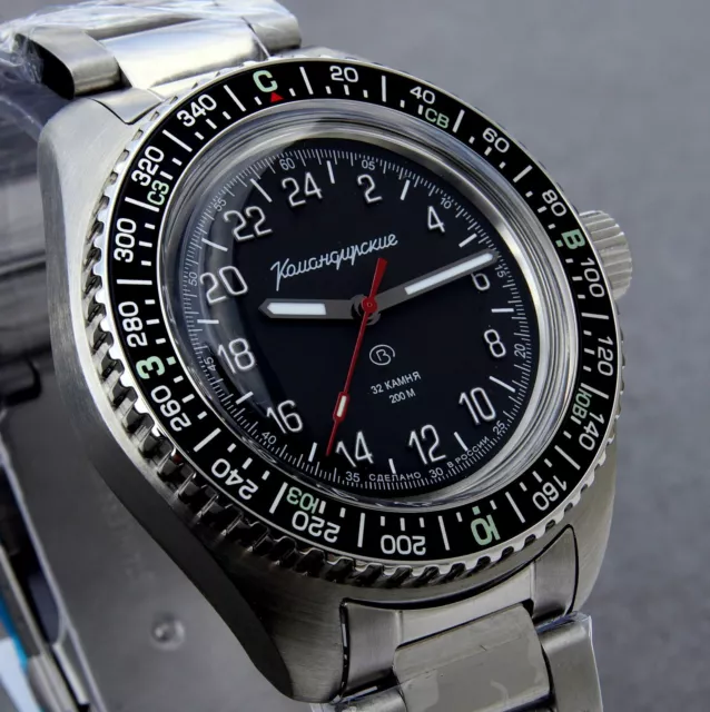 Vostok Komandirskie K-03 --NOTE 24 HOUR- Russian Auto Wristwatch, new, boxed, UK