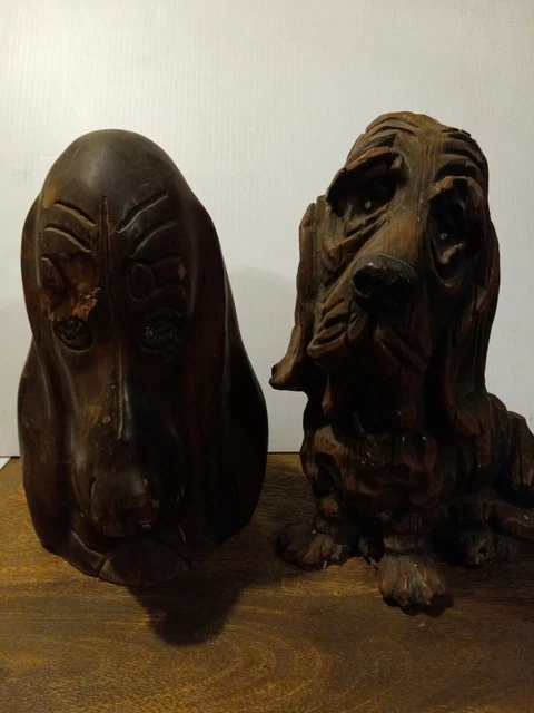 Lot of 2 - Vintage Wooden Hand Carved Folk Art~  Hound Dog ~  head & full body