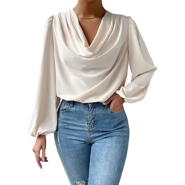 Womens Loose Pleated V Neck Long Sleeves Chiffon T-Shirt Blouse Tops Casual